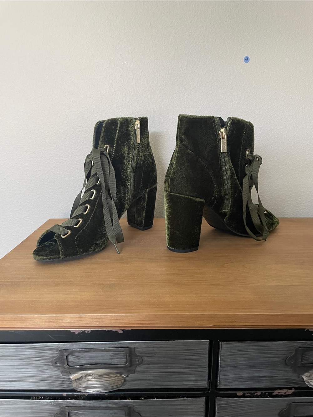 Kenneth Cole Reaction Olive Green Velvet Lace-Up Peep-Toe Booties